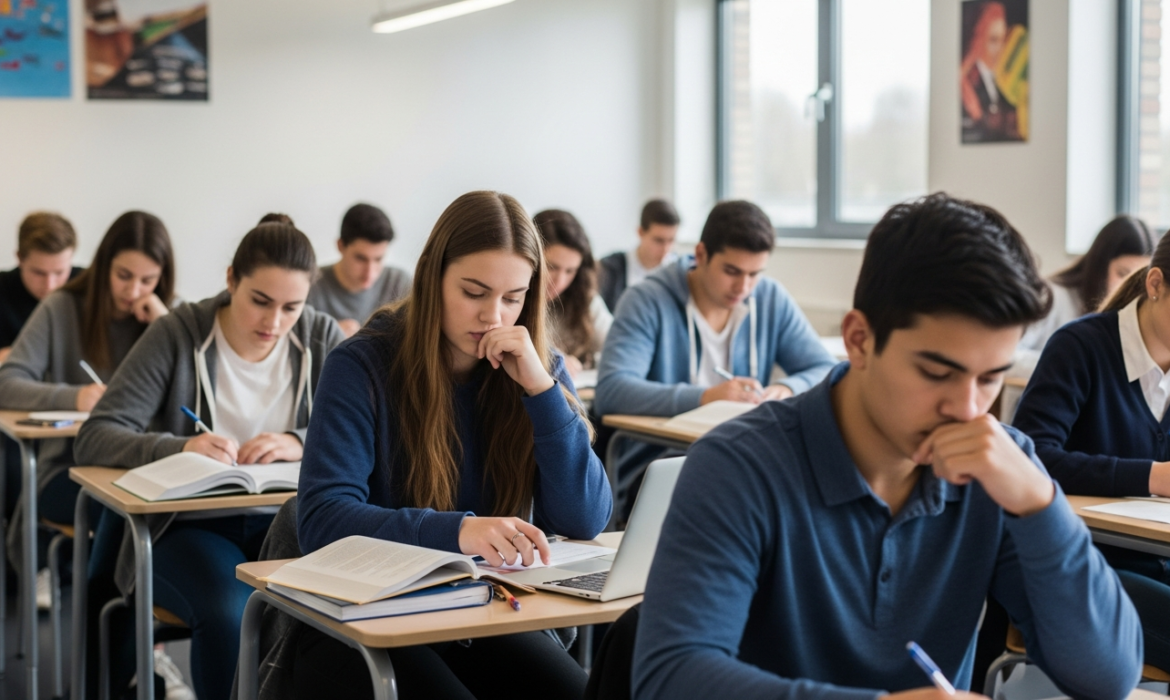 Diverse high school students focused on taking a standardized test in a contemporary classroom setting.