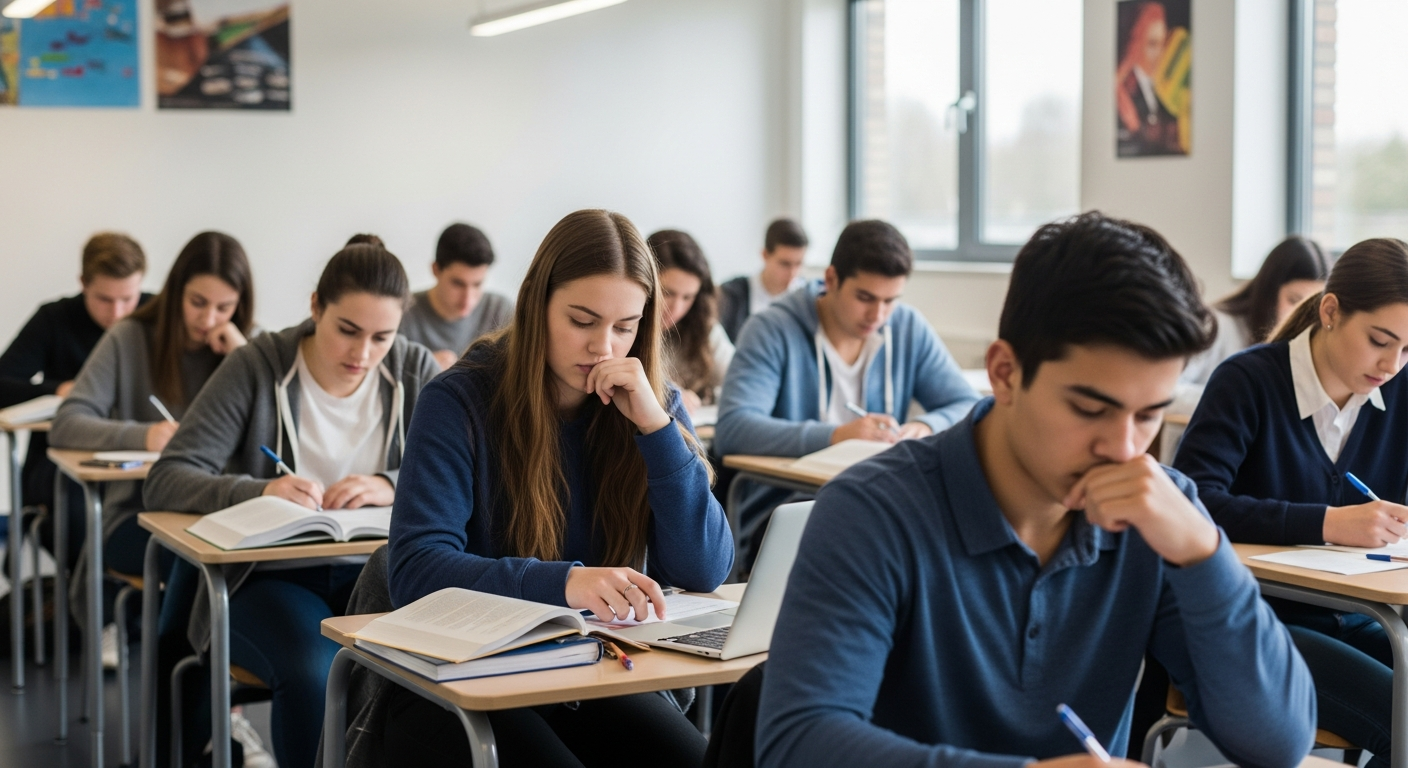 Diverse high school students focused on taking a standardized test in a contemporary classroom setting.